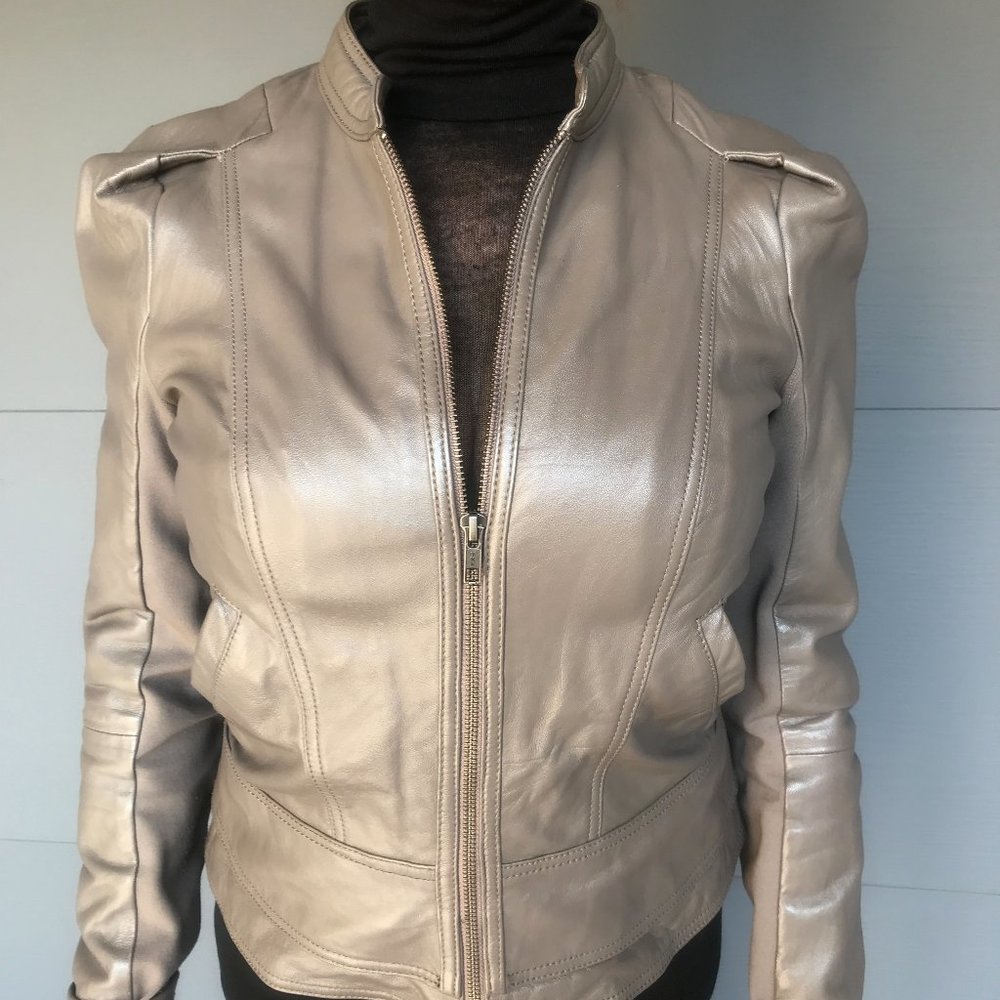 Hinge Puff Shoulder Gray fitted Leather Jacket S - Picture 8 of 12